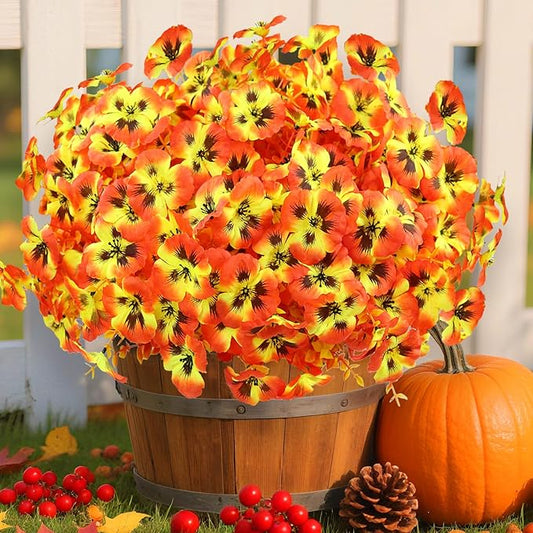 16 Bundles Artificial Fall Flowers for Outdoors, Realistic No Fade Fake Silk Flowers, Faux Fall Plants for Outside Planters, Porch, Patio, Garden Decor(Sunset)