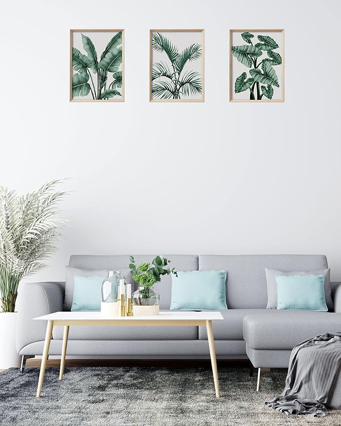 UPWOIGH Framed Wall Art(No Plexiglass), Abstract Green Palm and Eucalyptus Leafs Canvas Wall Art, High-end 16x12in Wood Wall Decor Prints Artworks for Living Room Bedroom, Plant Neutral Wall Decor Set