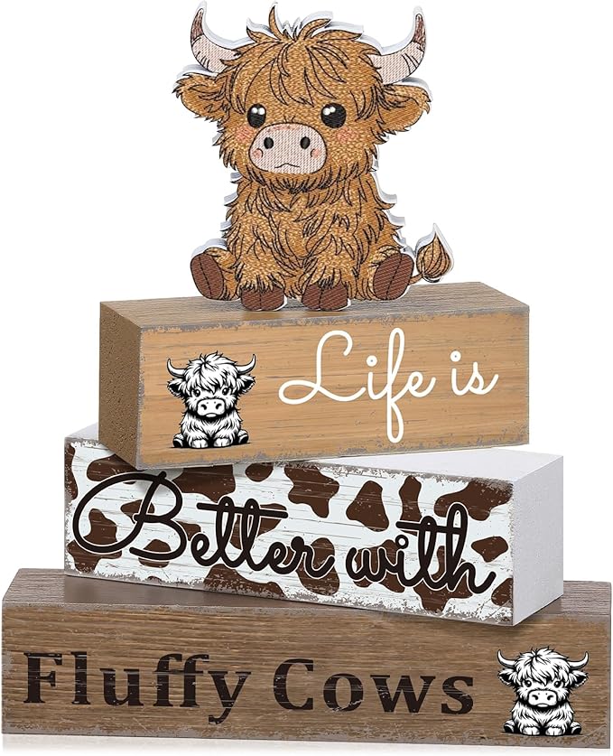 Geelin 4 Pcs Highland Cow Table Decorations Cow Wooden Signs Rustic Tiered Tray Decor Western Tabletop Centerpieces Farmhouse Highland Decor for Home Desk Room Kitchen Shelf