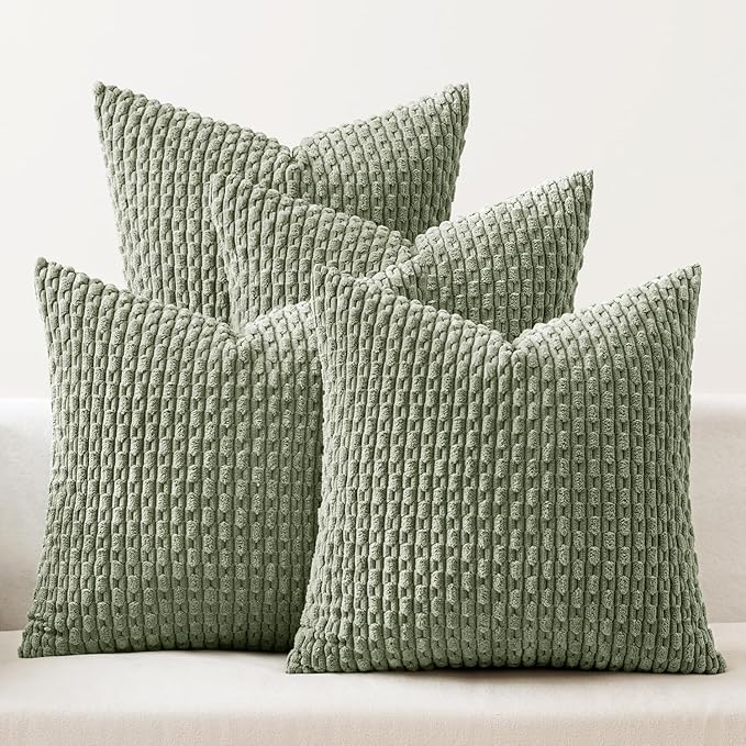MIULEE Throw Pillow Covers Soft Couch Decorative Set of 4 Boho Striped Cushion Covers Corduroy Pillowcases Farmhouse Home Decor for Couch Bed Sofa Living Room 20x20 Inch Sage Green
