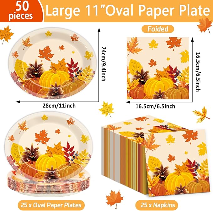 Fall Party Oval Paper Plates 11inch Large Thanksgiving Maple Leaves Plates and Napkins, Gold Foil Fall Party Decoration Favor Dish Tray for Autumn Holiday Gathering Supplies Tableware, 25 Guest