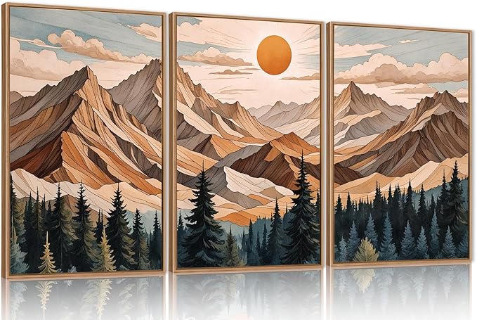 KAIRNE Mountain Framed Wall Art Set of 3, Wooden Mountain Forest Wall Decor, Boho Pine Tree Landscape Wall Painting, Woodcut Wilderness Scenery Art Prints for Living Room, Bedroom, Office -24"x36"