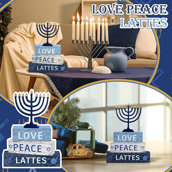Geelin 4 Pcs Hanukkah Decorations for Home 3 Layered Wood Block with Dreidel Star of David Menorah Hanukkah Decor Blue and White Jewish Judaism Chanukah Decor for Mantel Tabletop Party