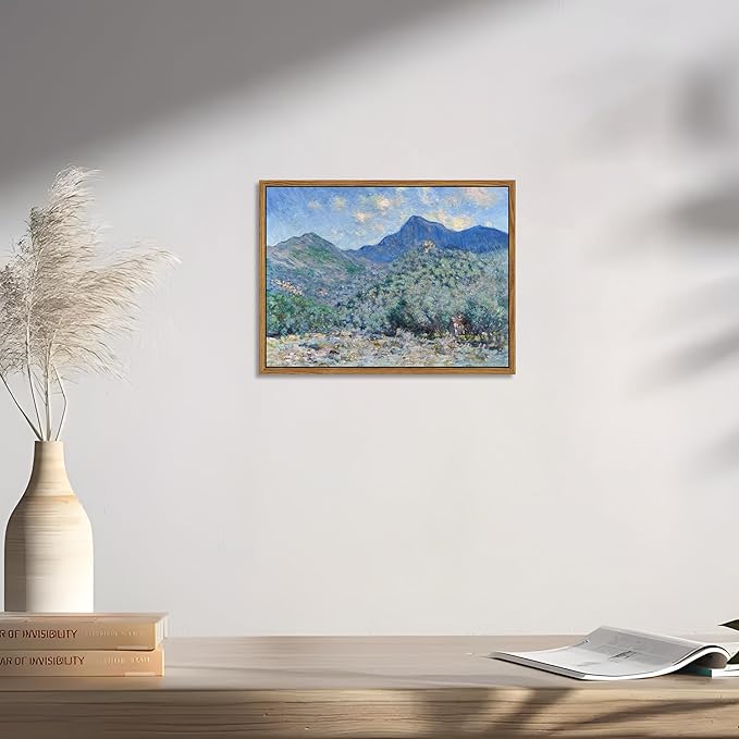 Vintage Framed Monet Wall Art – Impressionist Blue Green Forest Oil Painting Canvas Prints – Tranquil Nature Hillside Landscape Aesthetic Wall Decor for Living Room Bedroom Bathroom – 12"x16"