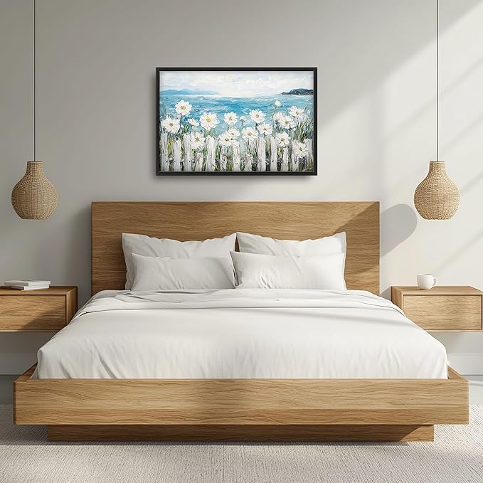 Large Coastal Ocean Wall Art for Living Room, Coastline Beach Flower Oversized Wall Decor Pictures, Nature Seascape Framed Canvas Print Painting, Modern Artwork for Bedroom Office Home Decor 36"x24"