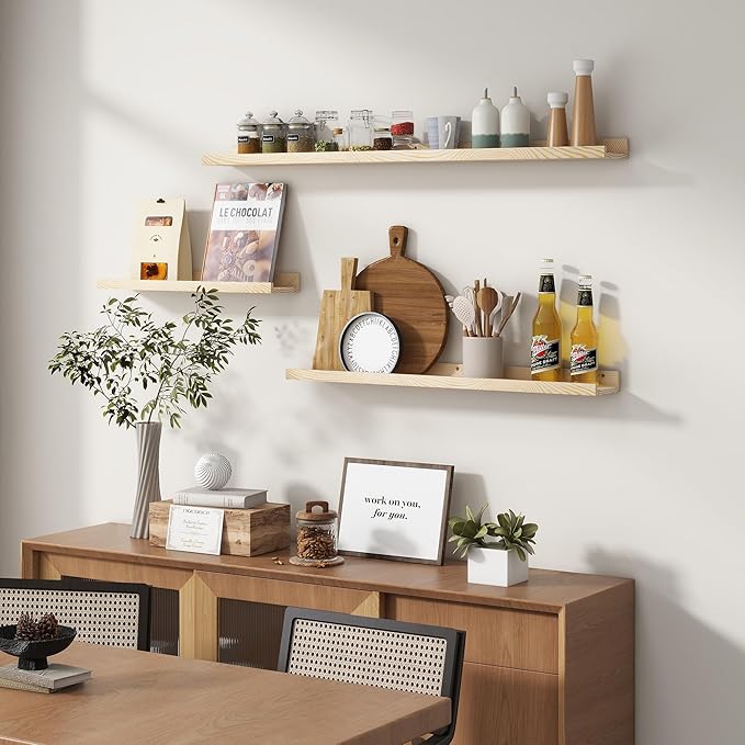 Picture Ledge Shelf for Wall, 16 inches Solid Pine Wood Nursery Book Shelves 3 Packs, Floating Ledge Shelves for Kids' Room Bedroom Bathroom Living Room Photo Frames Office Nursey Wall Decor, Natural