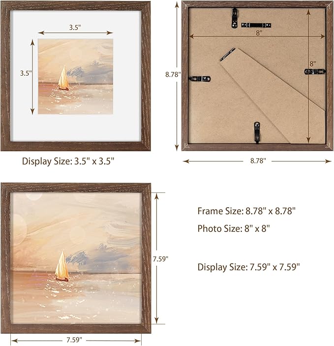 8x8 Picture Frames Set of 3, Solid Oak Wood 8”x8” Picture Frame Matted to 4”x4”,Square 8 x 8 Natural Wood Frame with Tempered Real Glass, Rustic 8x8 Photo Frame for Wall & Tabletop Display
