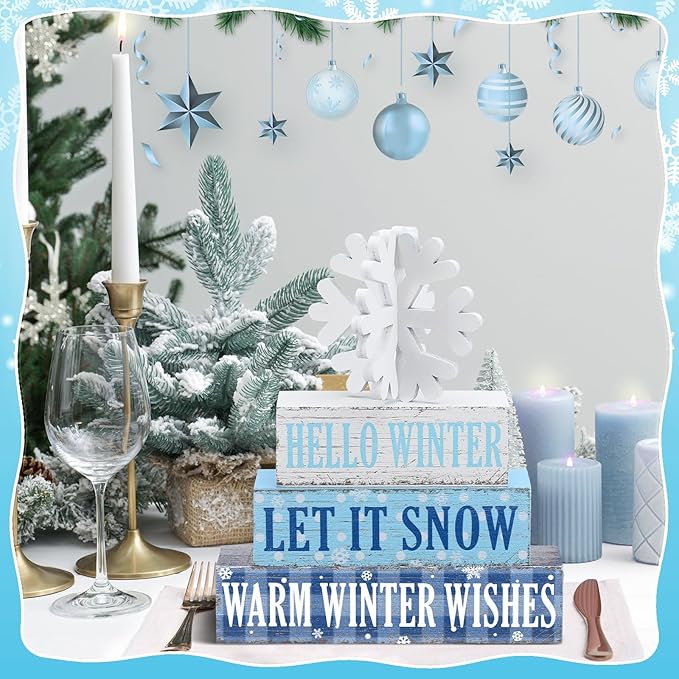 Geelin 4 Pieces Hello Winter Wooden Table Decorations Let It Snow Wooden Signs Rustic Snowflake Tiered Tray Decor Winter Wishes Tabletop Centerpieces for Home Desk Room Kitchen Shelf