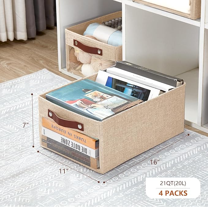 Medium Storage Baskets with Clear Window, See Through Closet Organizer with PU Handles, Linen Foldable Storage Bins for Organizing Clothes, Toys, Books (Khaki)