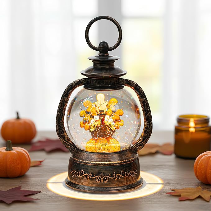 Fall Snow Globe Lantern -Thanksgiving Turkey with Pumpkin Spinning Water Lantern with Swirling Glitter Fall Decorations for Home, Autumn Harvest Fall Decor