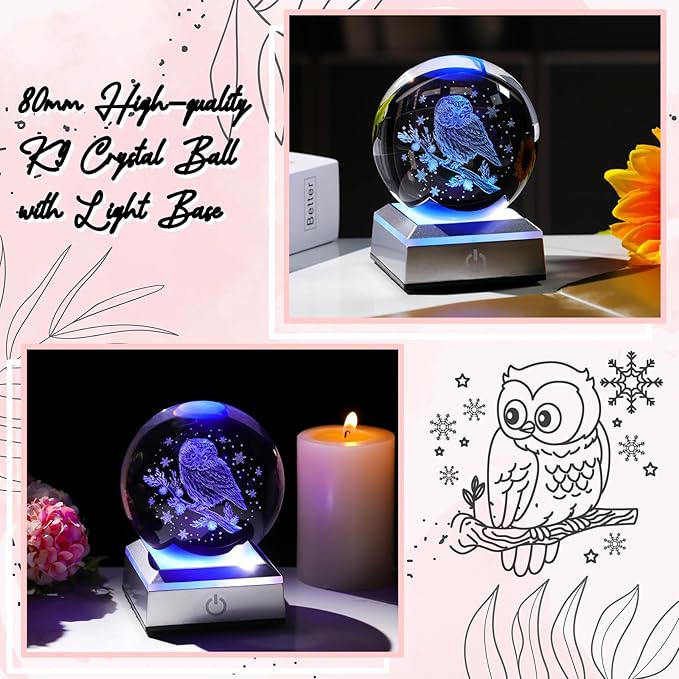 Ornalrist 3.15" Crystal Ball 3D Engraved Owl with Snowflake Gifts for Women Men Children Glass Sphere with LED Colorful Base Ideas on Birthday Christmas for Home Decor Figurine