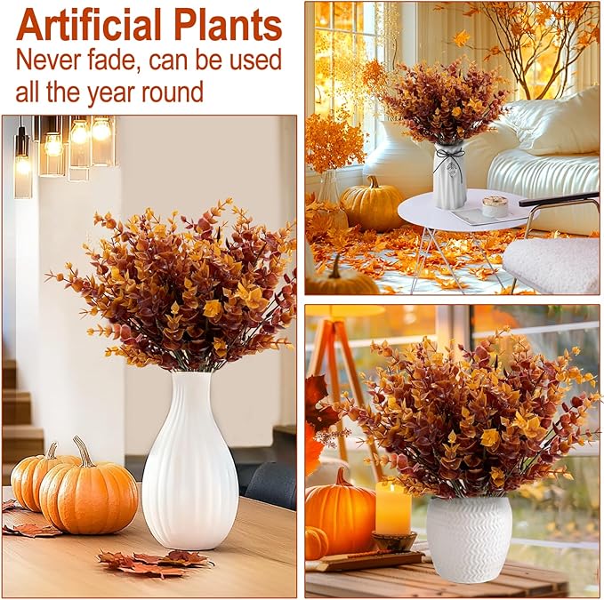 20 Bundles Artificial Fall Flowers for Outdoors Fall Decorations - UV Resistant Fake Mums Faux Plant Plastic Flowers Gardens Porch Fireplace Home Indoor Autumn Thanksgiving Decor(Brown Eucalyptus)