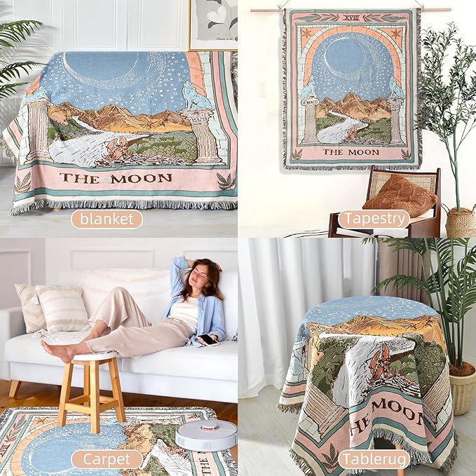Boho Throw Blanket Reversible Cotton Bohemian Tapestry Hippie Room Decor Double Sided (Boho The Moon 50"x60")