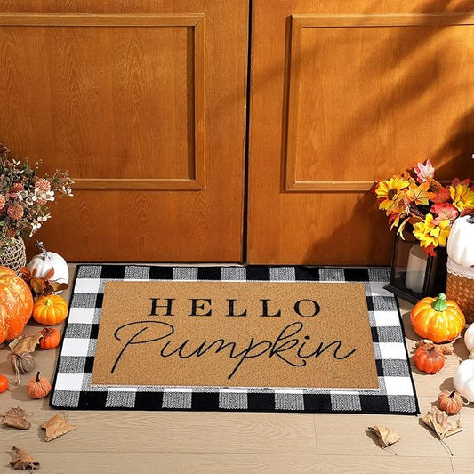 2 Pcs Fall Door Mat Hello Pumpkin Welcome Non Slip Coir Mats Thanksgiving Black White Plaid Harvest Floor Layering Doormats Seasonal for Front Porch Entryway Decor(Black White Plaid)