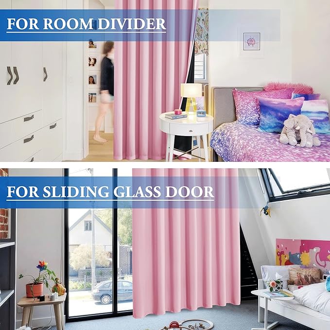 Beauoop 100% Blackout Curtains 96 Inches Long for Patio Sliding Door Pink Solid Extra Wide Room Darkening Thermal Insulated Room Divider Soundproof Grommet Window Treatment Drapes,100x96 Set of 1