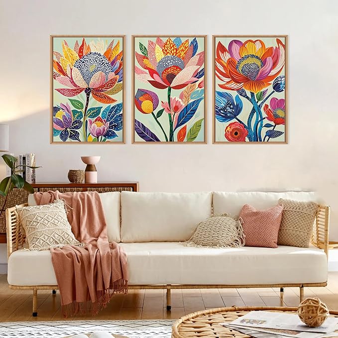 HPINUB Abstract Botanical Floral Framed Canvas Wall Art Set,Colorful Dot Art Modern Flower Wall Decor,Vibrant Blooming Flowers Artwork Eye-Catching Boho Art Print for Living Room,Bedroom-16 x24 x3