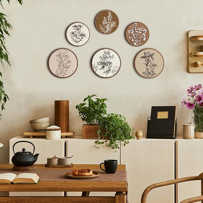 Barydat 6 Pieces Boho Plant Wall Art Decor Wooden Boho Farmhouse Rustic Bohemian Wall Hanging for Bedroom Living Room Office(Vivid Round,8 Inch, 10 Inch)