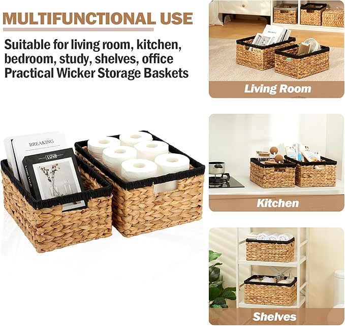 Wicker Baskets for Storage 2 Pack, Water Hyacinth Storage Baskets with Built-in Handles, Large Wicker Storage Baskets for Shelves & Organizing, Natural with Black, Size L & M
