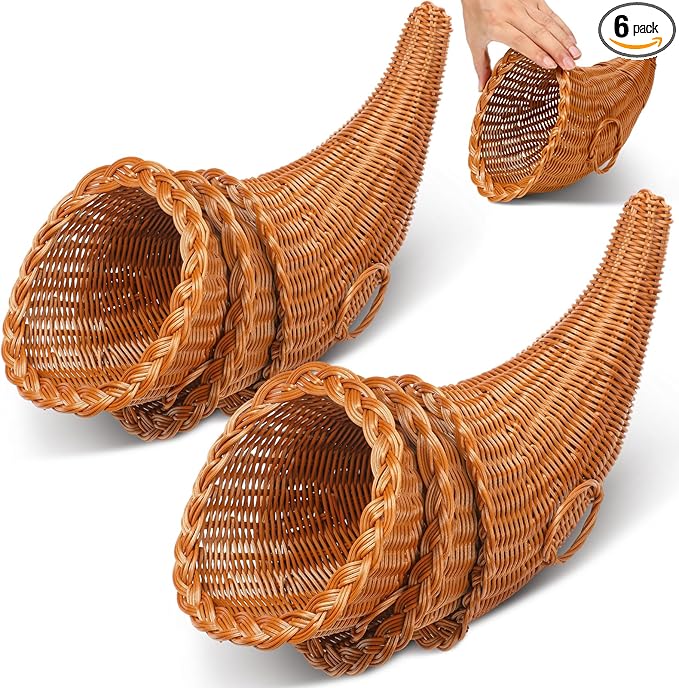 Dandat 6 Pcs Fall Cornucopia Basket 13.78 Inch Thanksgiving Horn of Plenty Autumn Table Decoration Harvest Cornucopia for Thanksgiving Table Centerpieces Fall Party Decorations
