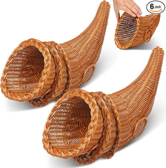 Dandat 6 Pcs Fall Cornucopia Basket 13.78 Inch Thanksgiving Horn of Plenty Autumn Table Decoration Harvest Cornucopia for Thanksgiving Table Centerpieces Fall Party Decorations