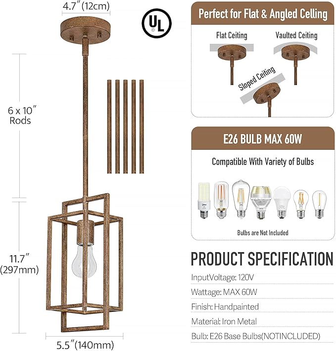 Antique Brown Pendant Lighting Fixture with Geometric Metal Cage, 1-Light Retro Inspired Farmhouse Mini Hanging Lamp with Height Adjustable Rods for Kitchen Island, Cafe Bar, Dining Room