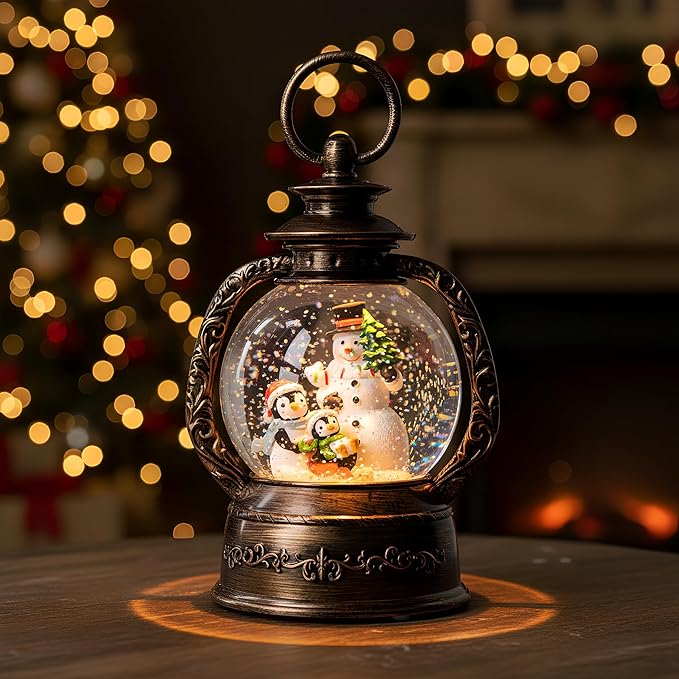 Musical Snow Globe Lantern Lighted Snowman with Penguins Christmas Snow Water Lantern Swirling Glittering Home Decoration and Gift, Battery Operated or USB Powered