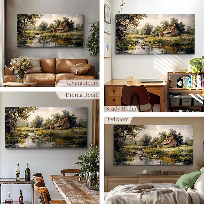 crmotu Large Canvas Wall Art, Farm Landscape Painting Art Prints, Forest Cottage Scenery Aesthetic Pictures, River Animal Cow Duck Modern Farmhouse Wall Decor Living Room Bedroom Kitchen 20"X40"