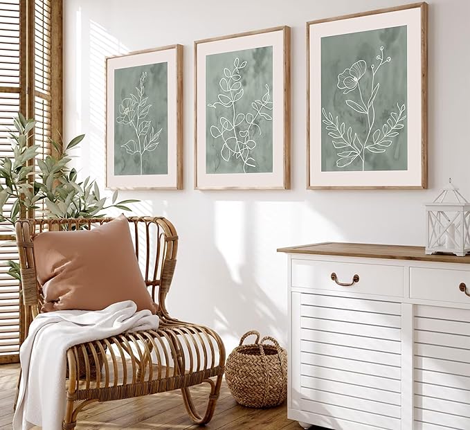 3Pcs Sage Green Botanical Wall Art Line Drawing Floral Canvas Poster Prints Modern Abstract Minimalist Picture Neutral Boho Artwork Simple Painting Wall Decor for Living Room Bedroom 12x16in Unframed