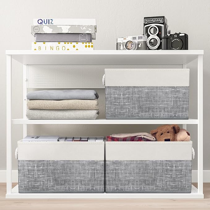 Fab totes Storage Bins [8-Pack], Foldable Storage Baskets for Organizing Toys, Books, Shelves, Closet, Large Storage Box with Rope Handles, Sturdy Organizer Bins, White & Grey
