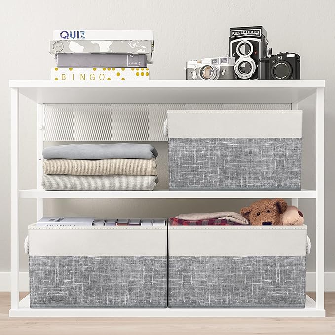 Fab totes Storage Bins [4-Pack], Foldable Storage Baskets for Organizing Toys, Books, Shelves, Closet, Large Storage Box with Rope Handles, Sturdy Organizer Bins, White & Grey