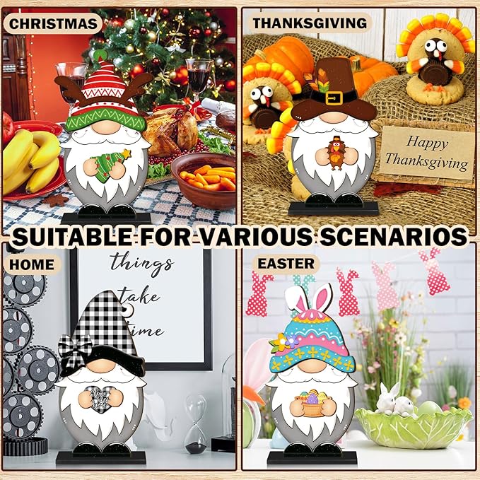 Blulu Interchangeable Wooden Gnome Decor DIY Holiday Seasonal Fall Gnomes Halloween Tiered Tray Decoration with Magnet Pieces Halloween Welcome Sign for Holiday Decorations(Classic)