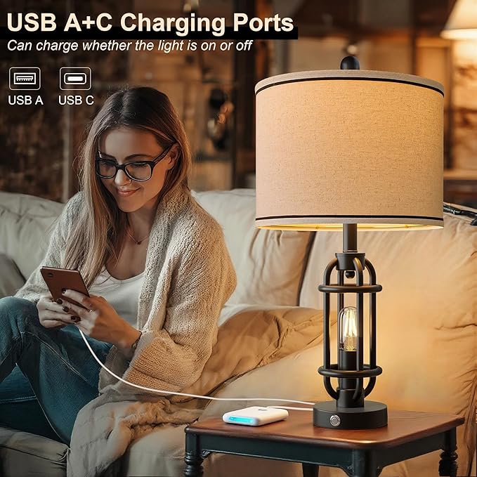 24'' Table Lamps for Living Room Bedroom Set of 2 Industrial Touch Lamp with USB A+C Ports, Night Light Farmhouse Vintage Nightstand Bedside Lamps for Night Stands Metal Black, Bulbs Included