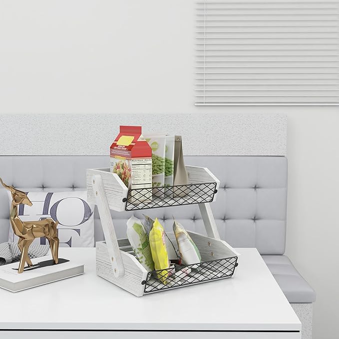 Dorhors Fruit Basket for Kitchen, 2 Tier Fruit Bowl,Kitchen Counter Organizer,Wooden Vegetable Holder for Countertop,Bread Storage Basket Stand (Rustic White)