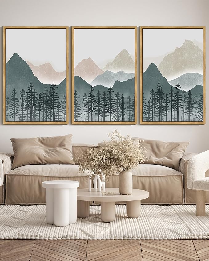 KUVIOKE Mountain Landscape Framed Wall Art Boho Nature Forest Paints Rustic Farmhouse Decor for Bedroom Dining Room Living Room 24x36in (Natural Framed)