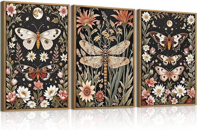 ANHUIB Extra Large Wall Art William Morris Wall Art 24x36 Inch Vintage Floral Wall Decor Butterfly Dragonfly Paintings Set of 3 for Living Room Bedroom Dining Room