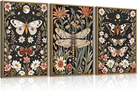 ANHUIB William Morris Wall Art 16x24 Inch Vintage Floral Wall Decor Framed Butterfly Dragonfly Prints Nature Botanical Animal Artwork Set of 3 for Living Room Bedroom Office