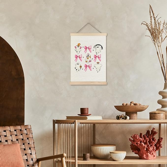 Supwhd Cute Halloween Ghosts Wall Art with Wooden Poster Hanger, Trendy Preppy Pink Bow Coquette Wall Decor, Coquette Preppy Room Decor, Halloween Pictures Wall Decor, 12x16