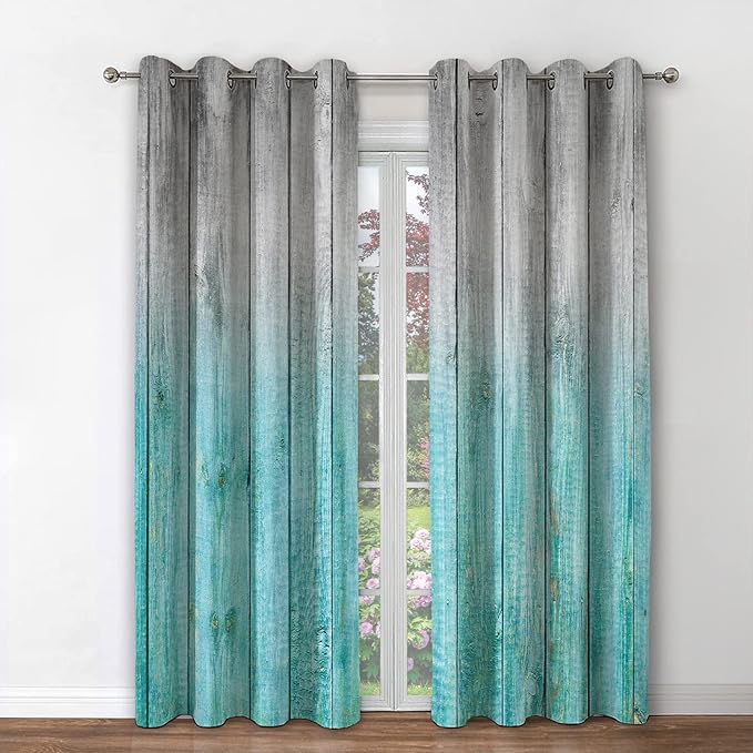 Jekeno Wooden Blackout Curtains Blue Gradient Wood Board of Farmhouse Village Rural Lodge Nature Retro Decor for Home Bedroom Living Room Grommet Window Drapes 2 Panel Set, 42"x63"