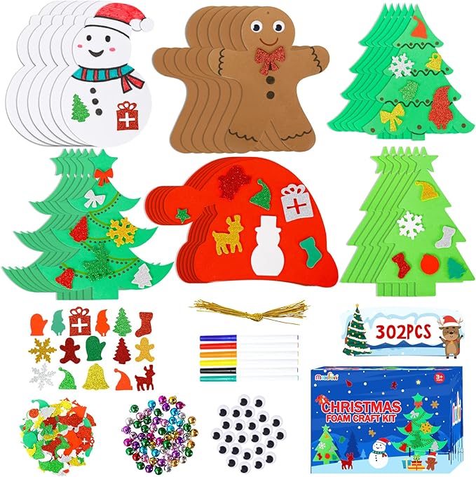 Max Fun 302PCS Christmas Crafts Tree Foam Shapes Stickers Set Craft Kits, Xmas Tree Hat Snowman Christmas Decorations for Kids Crafts Party Favors Supplies