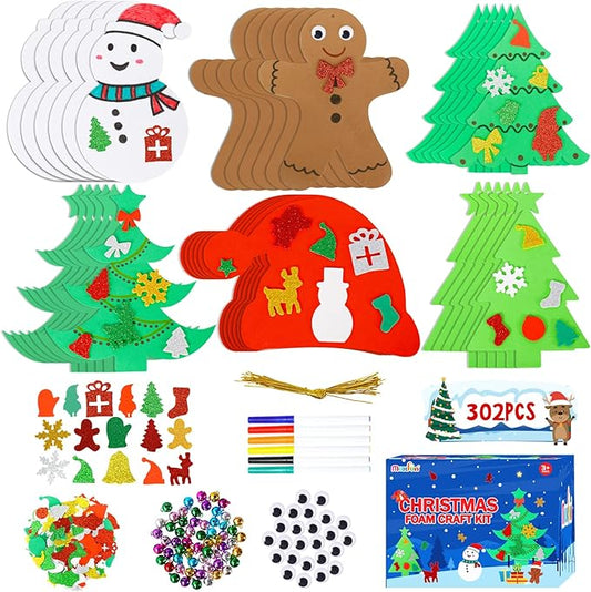 Max Fun 302PCS Christmas Crafts Tree Foam Shapes Stickers Set Craft Kits, Xmas Tree Hat Snowman Christmas Decorations for Kids Crafts Party Favors Supplies