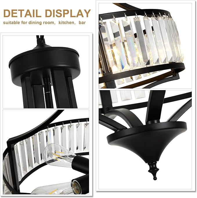 20" Modern Farmhouse Crystal Chandeliers for Dining Room, 5-Light Black Antique Pendant Chandelier, Contemporary Hanging Light Fixture for Living Room Bedroom Foyer Kitchen Island Entryway