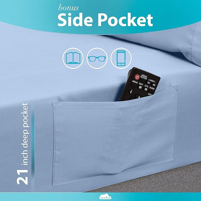 DREAMCARE King Size Sheets Set – 6 pcs Cooling Bed Sheets – up to 15” Deep Pocket King Sheet Set – 2500 Supreme Collection – Extra Soft 100% Brushed Microfiber Hotel Luxury with Side Pocket – L Blue
