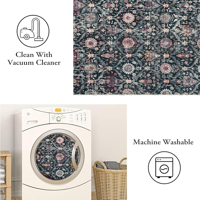 Lahome Moroccan Trellis Kitchen Runner, 2x5 Rug Runners for Hallways Non Slip Laundry Room Rug, Ultra-Thin Washable Vintage Carpet for Bedroom Bathroom, Black/Multi