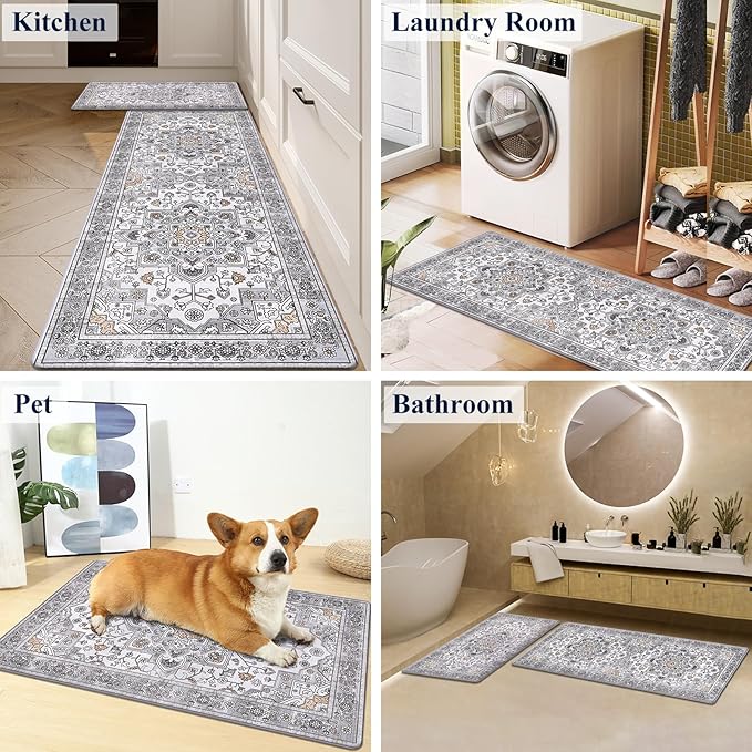HEBE Anti Fatigue Kitchen Rug Sets 2 Piece Non Slip Kitchen Mats for Floor Cushioned Kitchen Rugs and Mats Waterproof Comfort Standing Mat Runner for Kitchen,Home Office,Sink,Laundry