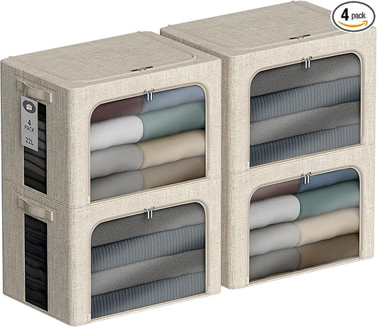 4 Pack Clothes Storage Bins with Metal Frame - 22L Stackable Storage Box with Lid，Foldable Storage Container Organizer for Clothes，Linen Fabric Storage Box with Clear Window＆Zippers＆Handles
