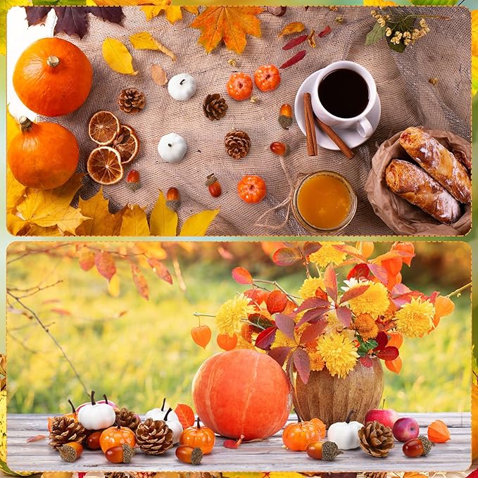 Yookeer 120pcs Mini Pumpkins Acorns Pine Cones Fall Decoration Thanksgiving Artificial Small Pumpkins Fake Props Bulk Rustic Vase Filler for Autumn Harvest DIY Craft Table Centerpiece(Lovely Color)