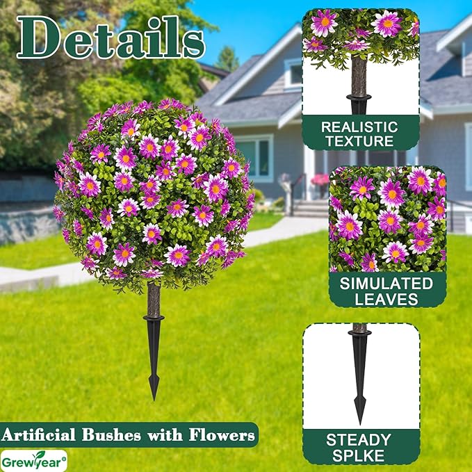 Set of 2 Artificial Topiary Ball Trees with Purple Mum, Faux Boxwoods for Outdoor Planters with Ground Spike, UV Resistant Artificial Outdoor Plants for Porch, Fake Bushes Round Shrub
