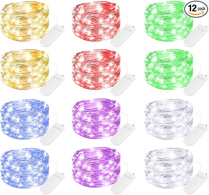 Brightown 12 Pack Multi Color Led Fairy Lights Battery Operated String Lights Waterproof Silver Wire 7 Feet 20 Led Firefly Starry Moon Lights for DIY Wedding Party Bedroom Patio Christmas