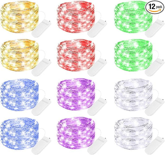 Brightown 12 Pack Multi Color Led Fairy Lights Battery Operated String Lights Waterproof Silver Wire 7 Feet 20 Led Firefly Starry Moon Lights for DIY Wedding Party Bedroom Patio Christmas