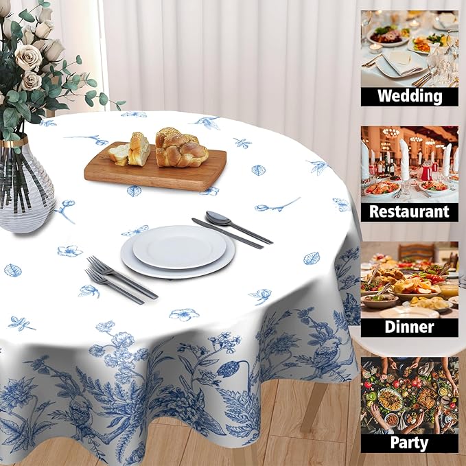 Spring Tablecloth 60 Inch Round Chinoiserie Floral Tablecloths Rustic Vintage Flower Tablecloths Blue Floral Bird Table Cloth Table Cover Spring Decoration for Home Holiday Party Kitchen Dining Picnic